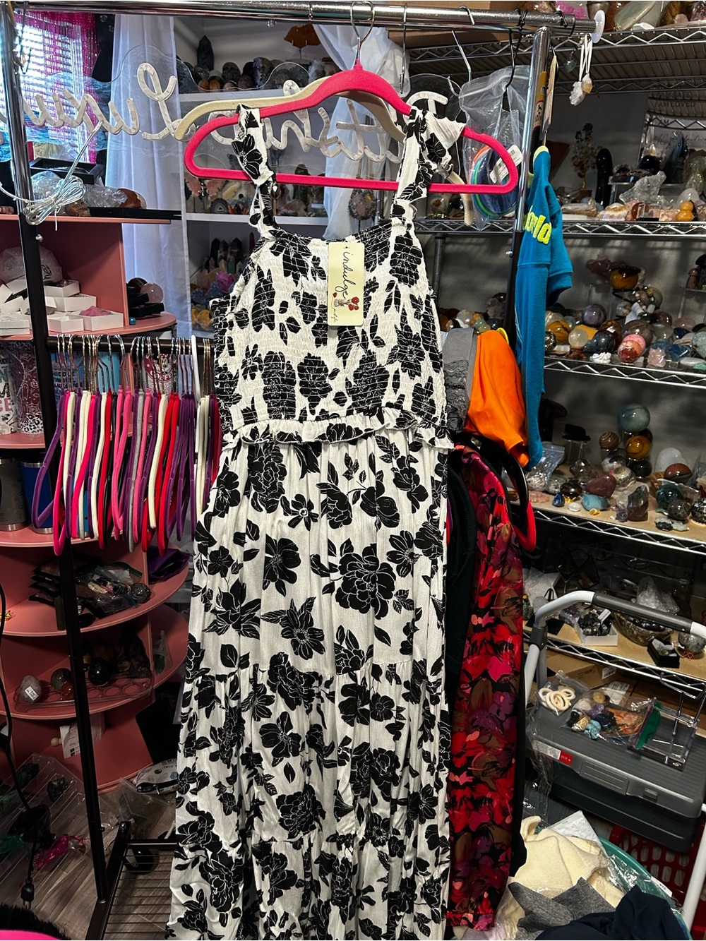 GOGO Black and White Floral Smocked Maxi Dress